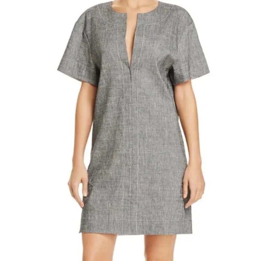 Theory Women Sharkskin Short-Sleeve Linen Shift Dress Gray Petite